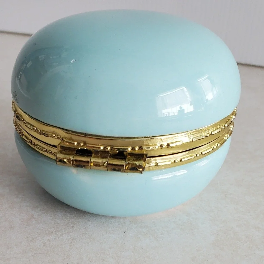 Ceramic Macaron Trinket Box Light Blue Gold Heart Clasp Decorative 2.25in